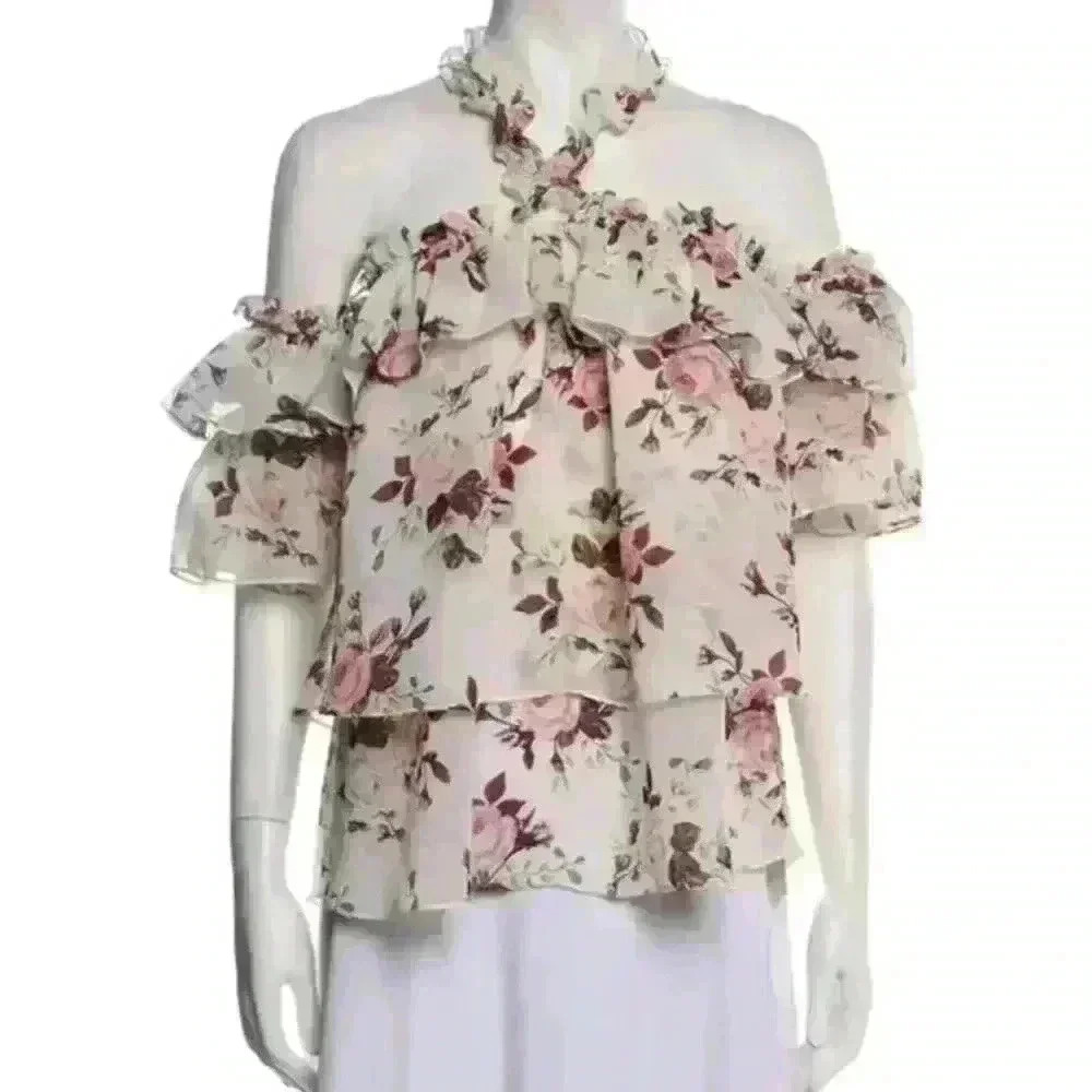 MISA Los Angeles Giselle Off The Shoulder Floral Top Tiered Ruffle Top Size XS - Picture 9 of 11